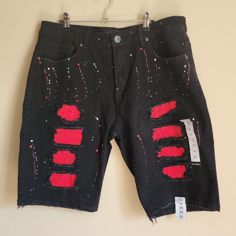 Waimea Men's Distressed Black Red Patch Paint Splatter Jeans Shorts Size 36 NWT
